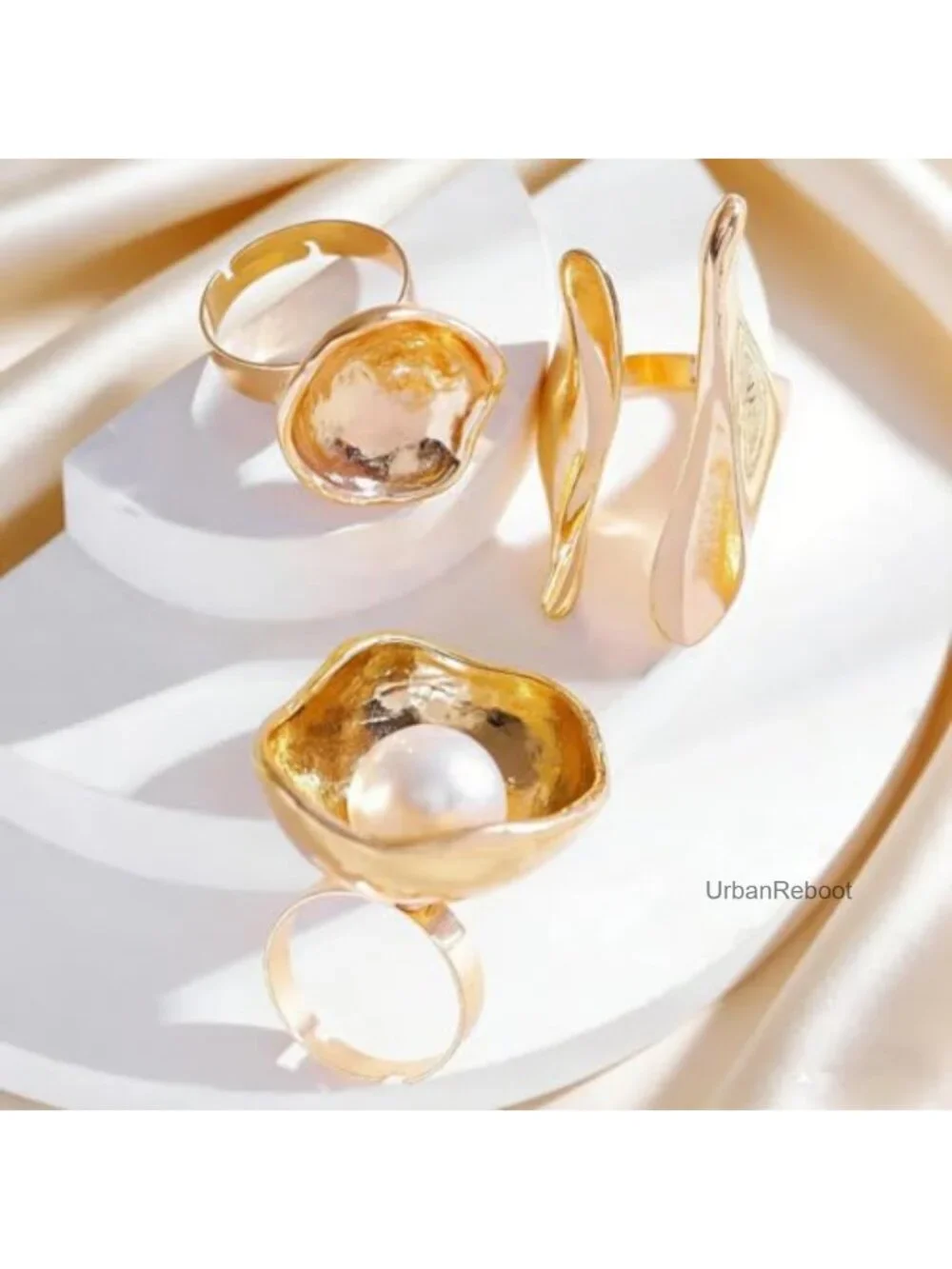 Chunky Gold Bowl Liquid Lava Knuckle Ring Set, Pearl Inlay Open Rings for